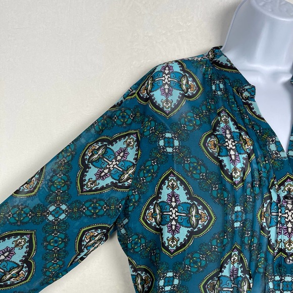 NWT Charter Club Teal V-Neck Button Up Tuxedo Pleated Blouse Tunic Large Petite - Picture 6 of 16